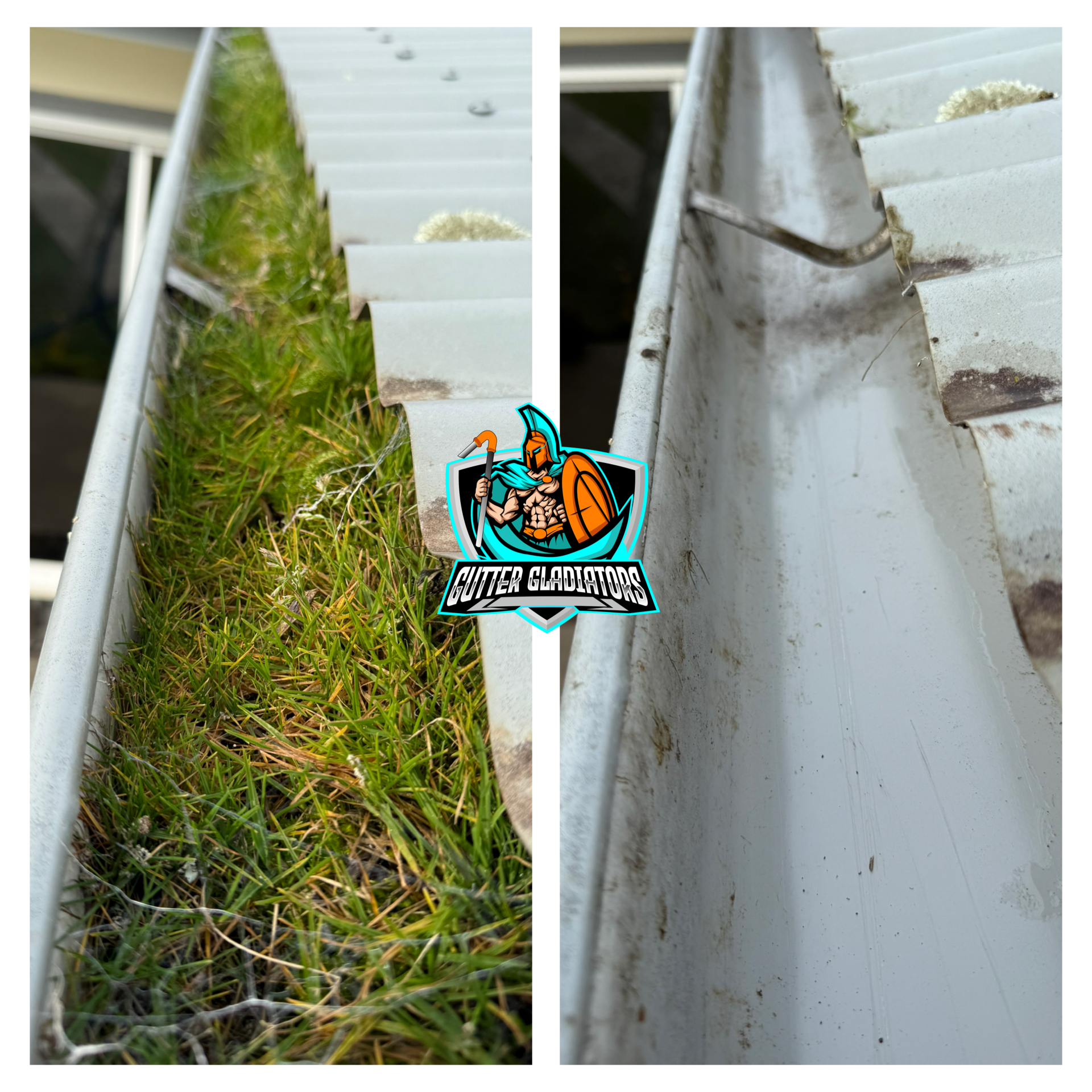 Left: gutter packed with grass and debris. Right: the same gutter hand-cleared and free-flowing.