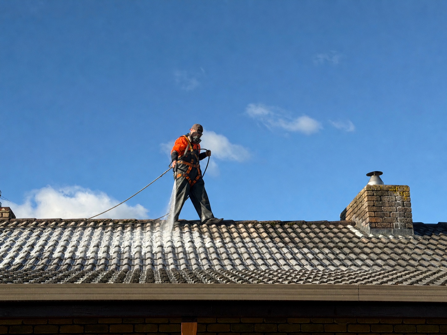 Technician applying roof bio-treatment on a tiled roof — Gutter Gladiators